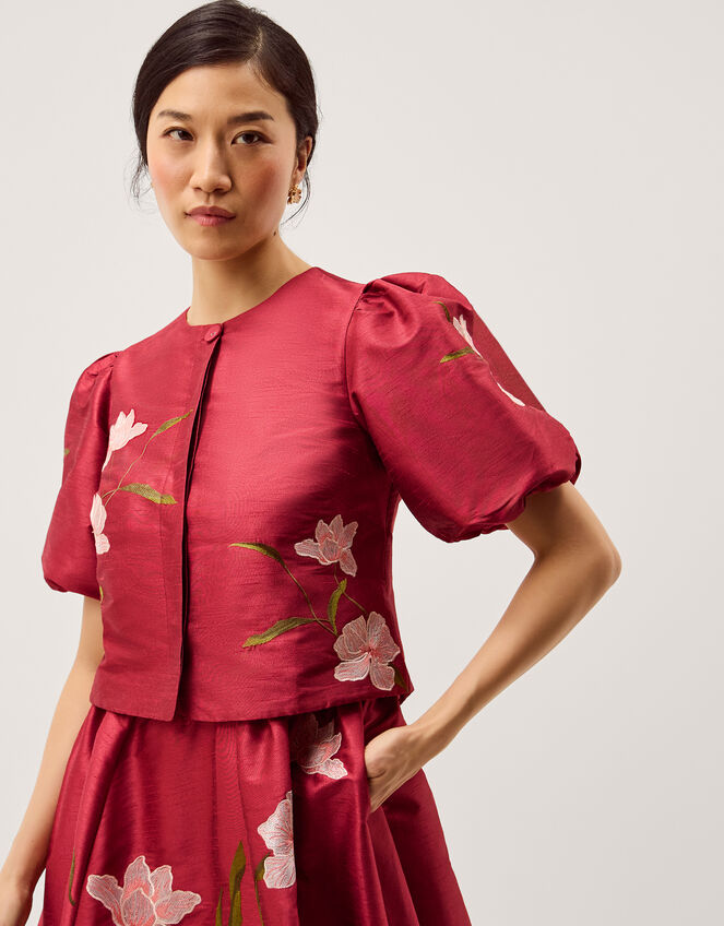 Anya Puff Sleeve Floral Embroidered Jacket Pink