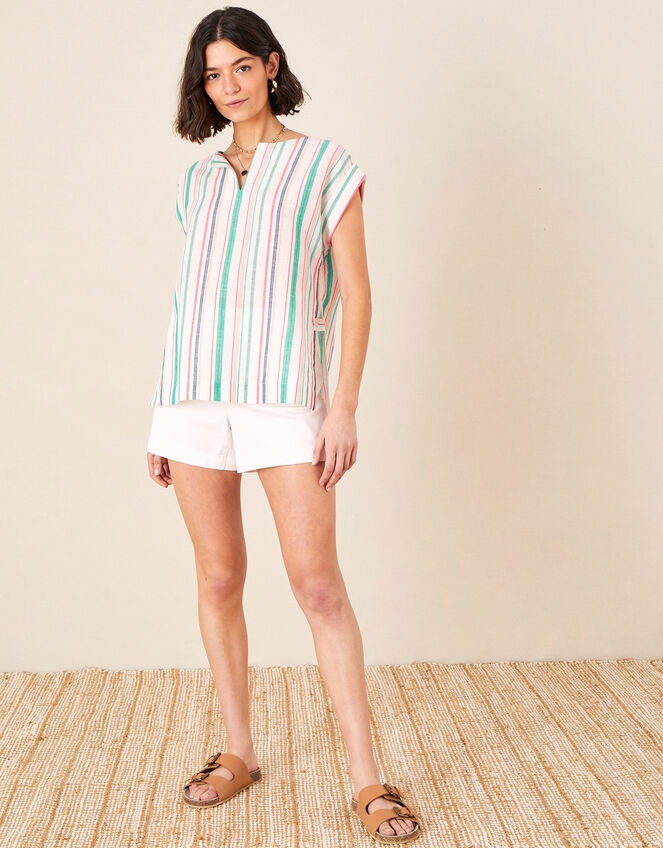 Stripe Print Top in Linen Blend, White (WHITE), large