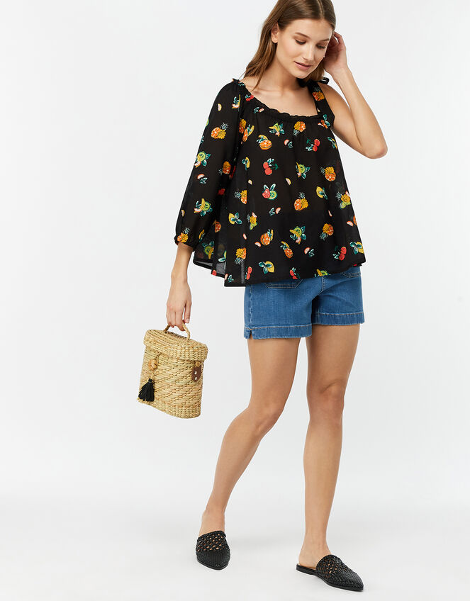Laticia Fruit Print One-Shoulder Top, Black (BLACK), large