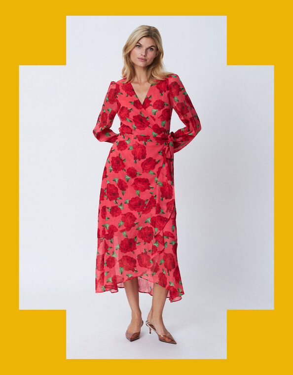 Crās Floral Wrap Dress, Red (RED), large