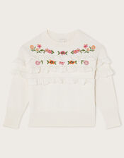 Embroidered Frill Knitted Jumper, Ivory (IVORY), large