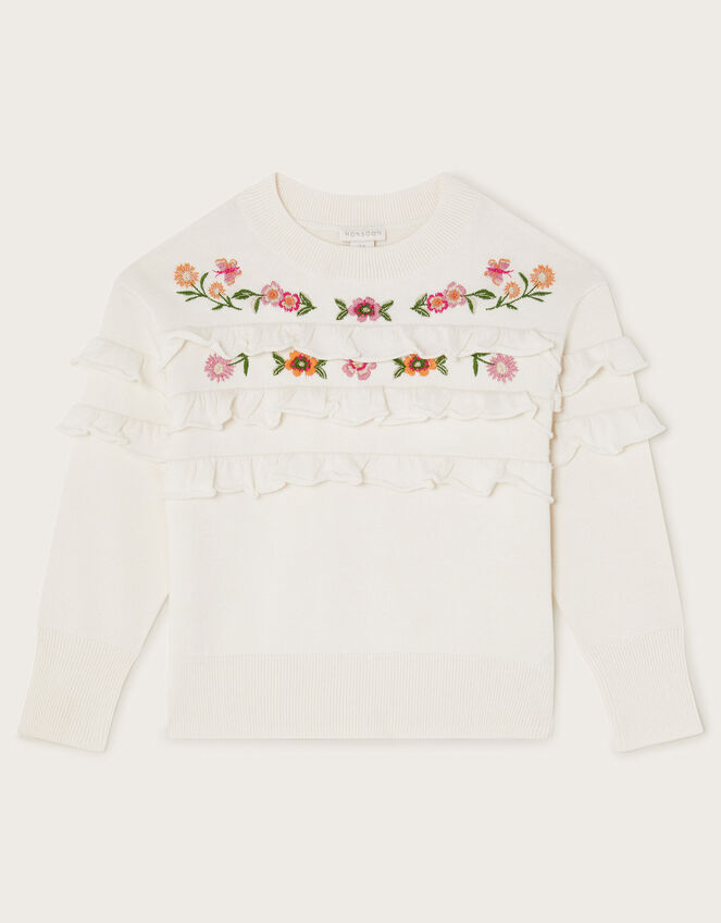 Embroidered Frill Knitted Jumper, Ivory (IVORY), large