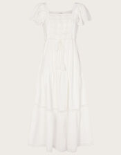Woven Mixed Fabric Midi Dress, White (WHITE), large