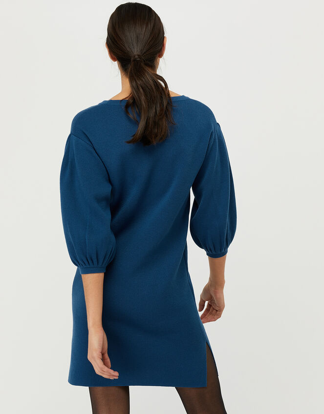 Jenna Balloon Sleeve Knitted Dress in Recycled Polyester, Teal (TEAL), large
