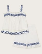 Embroidered Frill Top and Shorts Set, White (WHITE), large