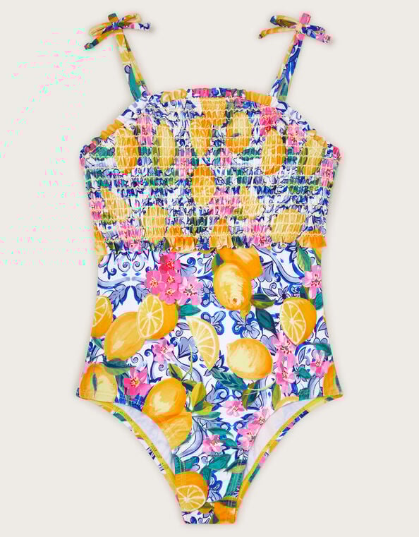 Lemon Print Smocked Swimsuit, Yellow (YELLOW), large