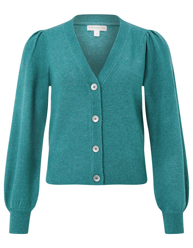 Blouson Sleeve Cardigan with Recycled Fabric, Green (GREEN), large
