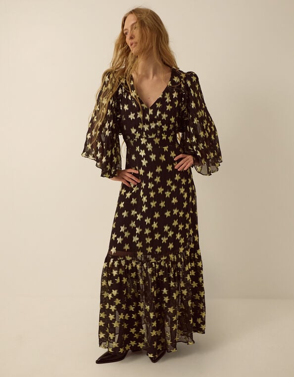 Monsoon x Queens of Archive Farrah Metallic Star Jacquard Maxi Dress​, Black (BLACK), large