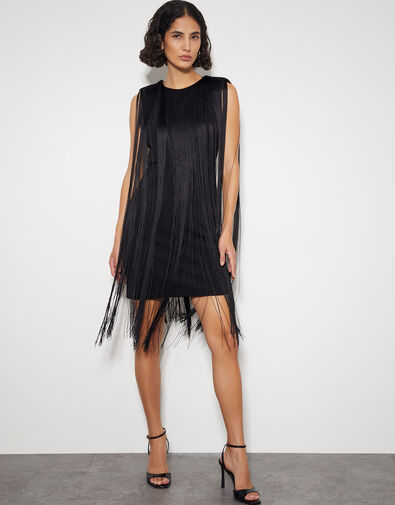 Tara Sleeveless Fringe Mini Dress, Black (BLACK), large