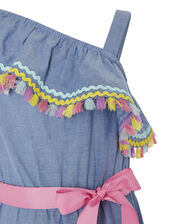 Tassel Trim One-Shoulder Chambray Playsuit, Blue (BLUE), large