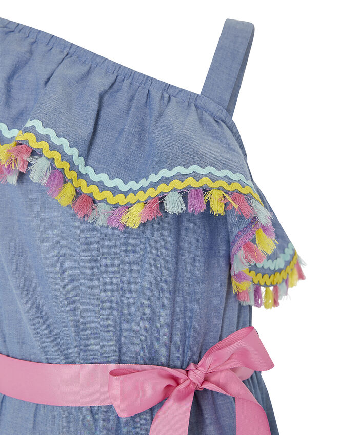 Tassel Trim One-Shoulder Chambray Playsuit, Blue (BLUE), large