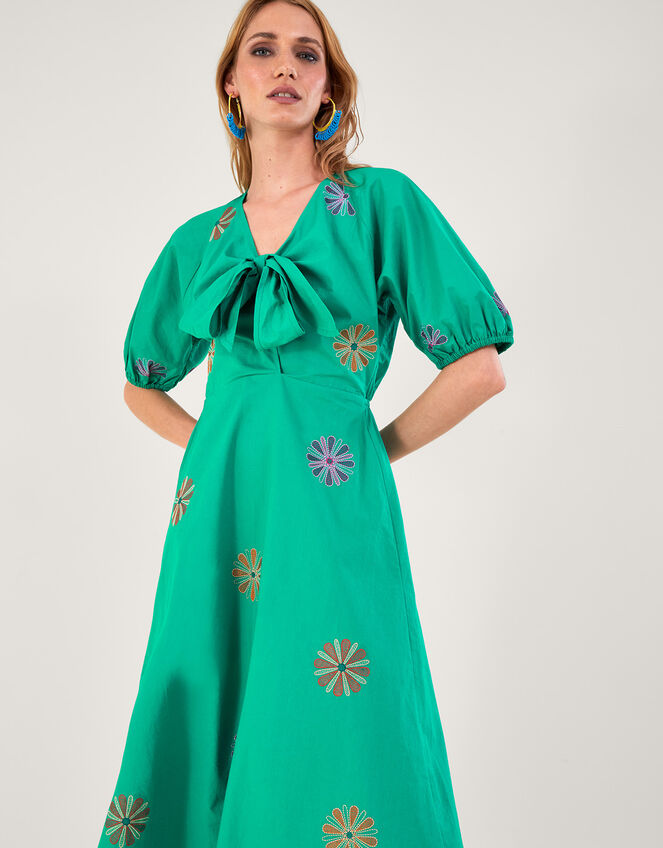 Embroidered Flower Midi Dress, Green (GREEN), large