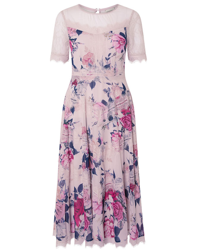 Millicent Floral Print and Lace Dress, Nude (NUDE), large