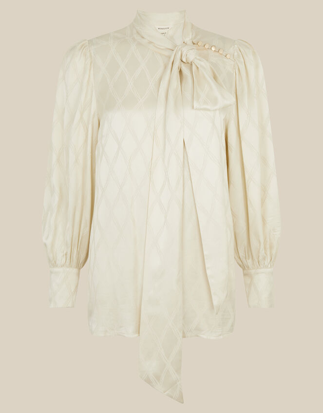 Skyla Jacquard Pussybow Blouse, Ivory (IVORY), large