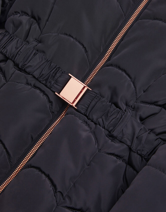 Fluffy Collar Belted Puffer Coat, Black (BLACK), large