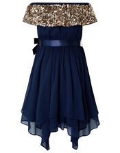 Vera Sequin Bardot Hanky Hem Dress, Blue (NAVY), large