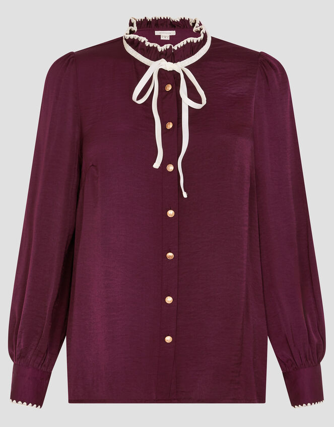 Thea Satin Bow Collar Blouse, Red (BURGUNDY), large