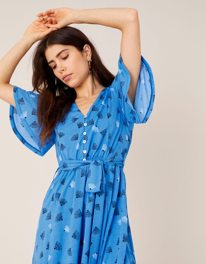Nancy Printed Tie Belt Short Dress, Blue (BLUE), large