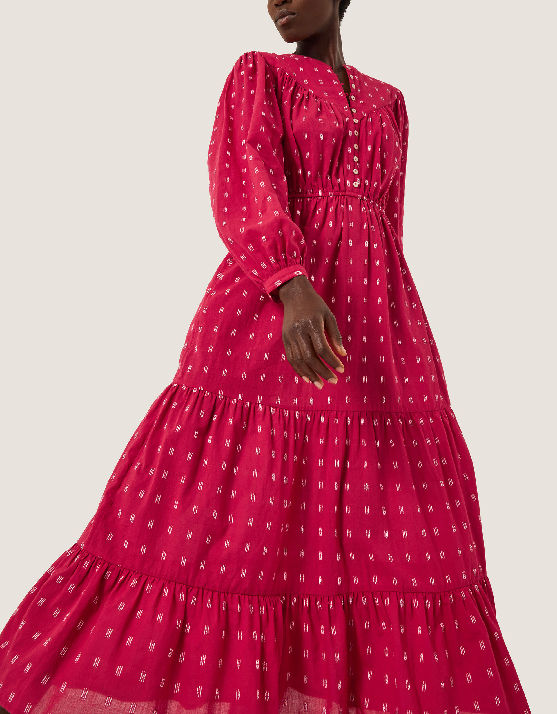 Poppy Long Sleeve Tiered Midi Dress Red
