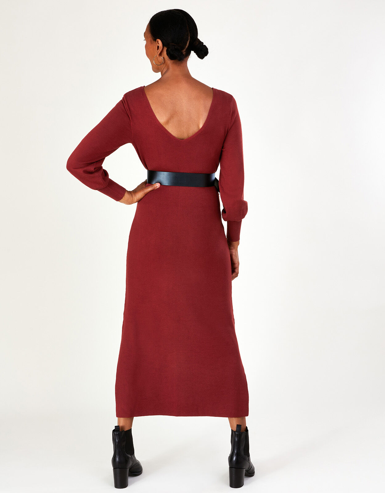 V-Neck Belted Knit Maxi Dress Orange 