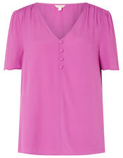Button Front V-Neck Top, Pink (PINK), large