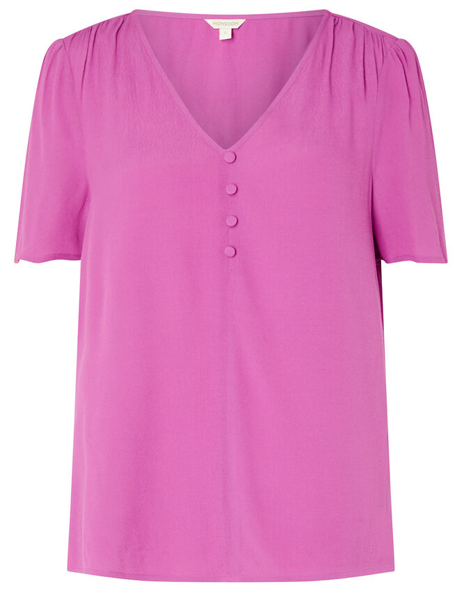 Button Front V-Neck Top, Pink (PINK), large