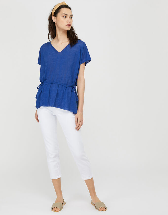 Demi Tassel Drawstring Top in Linen Blend, Blue (BLUE), large