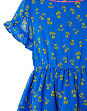 Aria Tulip Print Tiered Dress in Recycled Polyester, Blue (BLUE), large