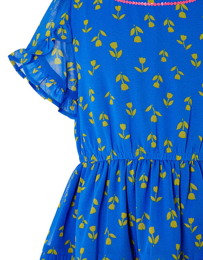 Aria Tulip Print Tiered Dress in Recycled Polyester, Blue (BLUE), large