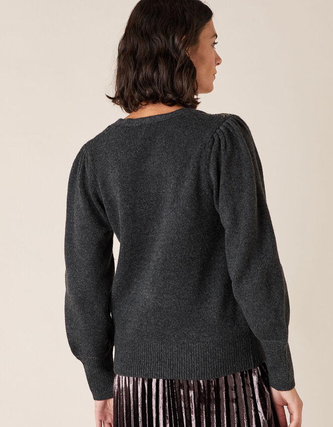 Feather Embellished Short Knit Cardigan, Grey (CHARCOAL), large