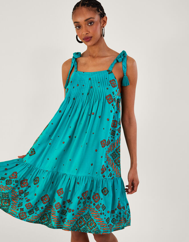 Tile Print Pintuck Mini Dress, Blue (TURQUOISE), large