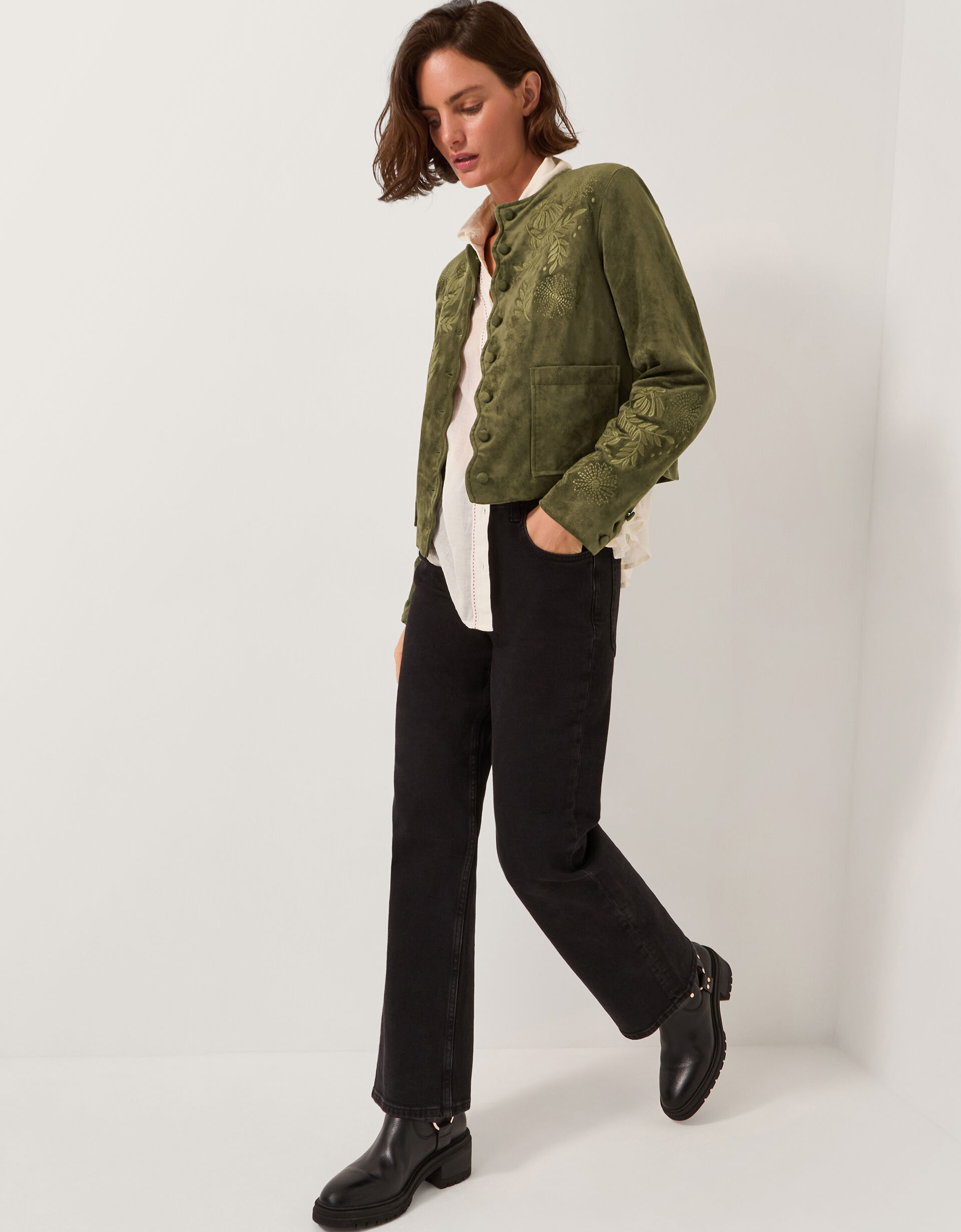 Ari Embroidered Faux Suede Jacket Green | Women's Jackets