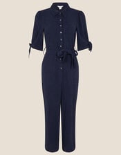 Plain Collared Jumpsuit, Blue (NAVY), large