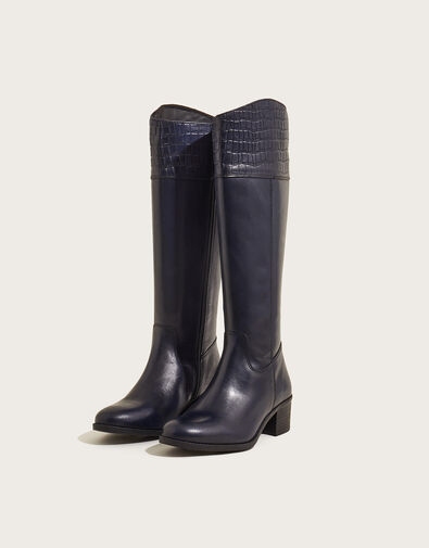 Croc Detail Leather Riding Boots, Blue (NAVY), large