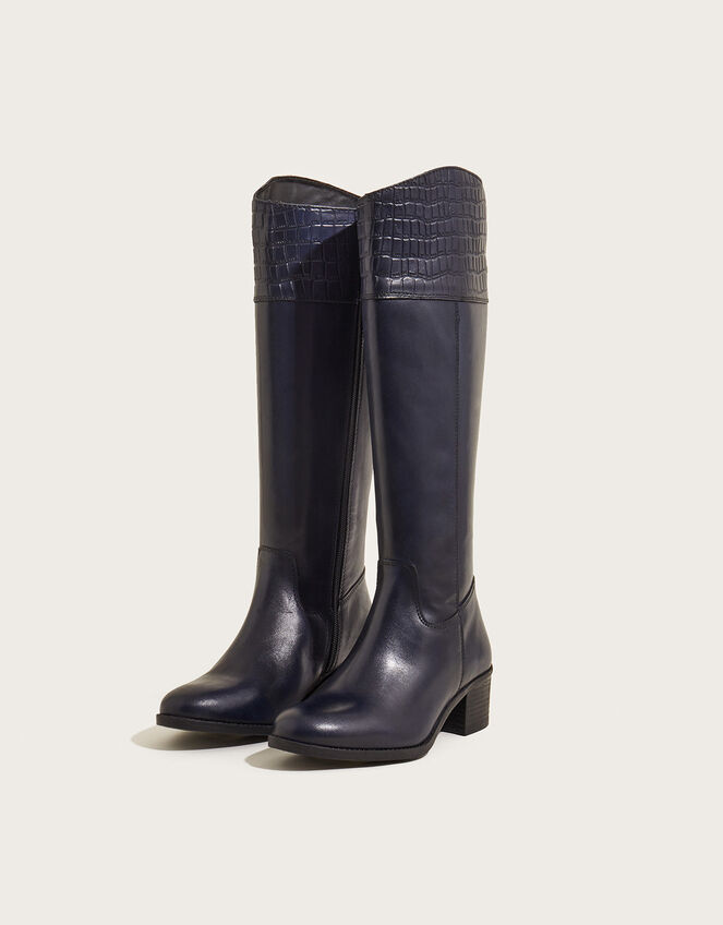 Croc Detail Leather Riding Boots, Blue (NAVY), large