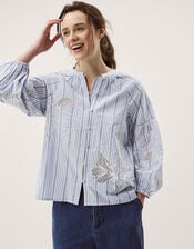 Maia Embroidered Stripe Blouse, Blue (BLUE), large