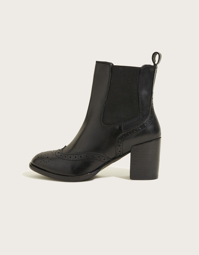 Classic Leather Heeled Brogue Boots, Black (BLACK), large