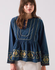 East Katie Embroidered Peplum Blouse, Teal (TEAL), large