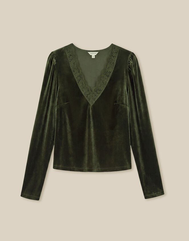Lexi Lace Trim Velvet Top, Green (OLIVE), large