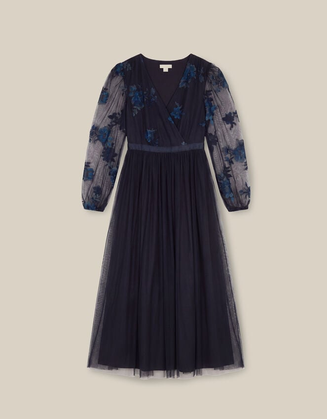 Charlotte Floral Embroidered Mesh Midi Dress, Blue (NAVY), large