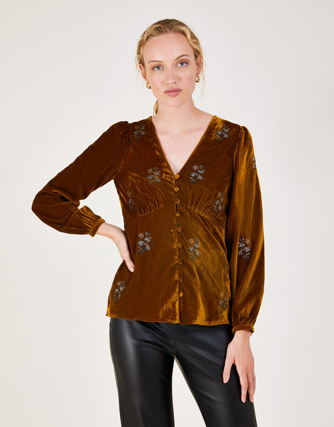Sienna Velvet Embroidered Tea Top Green | Tops & T-shirts | Monsoon UK.