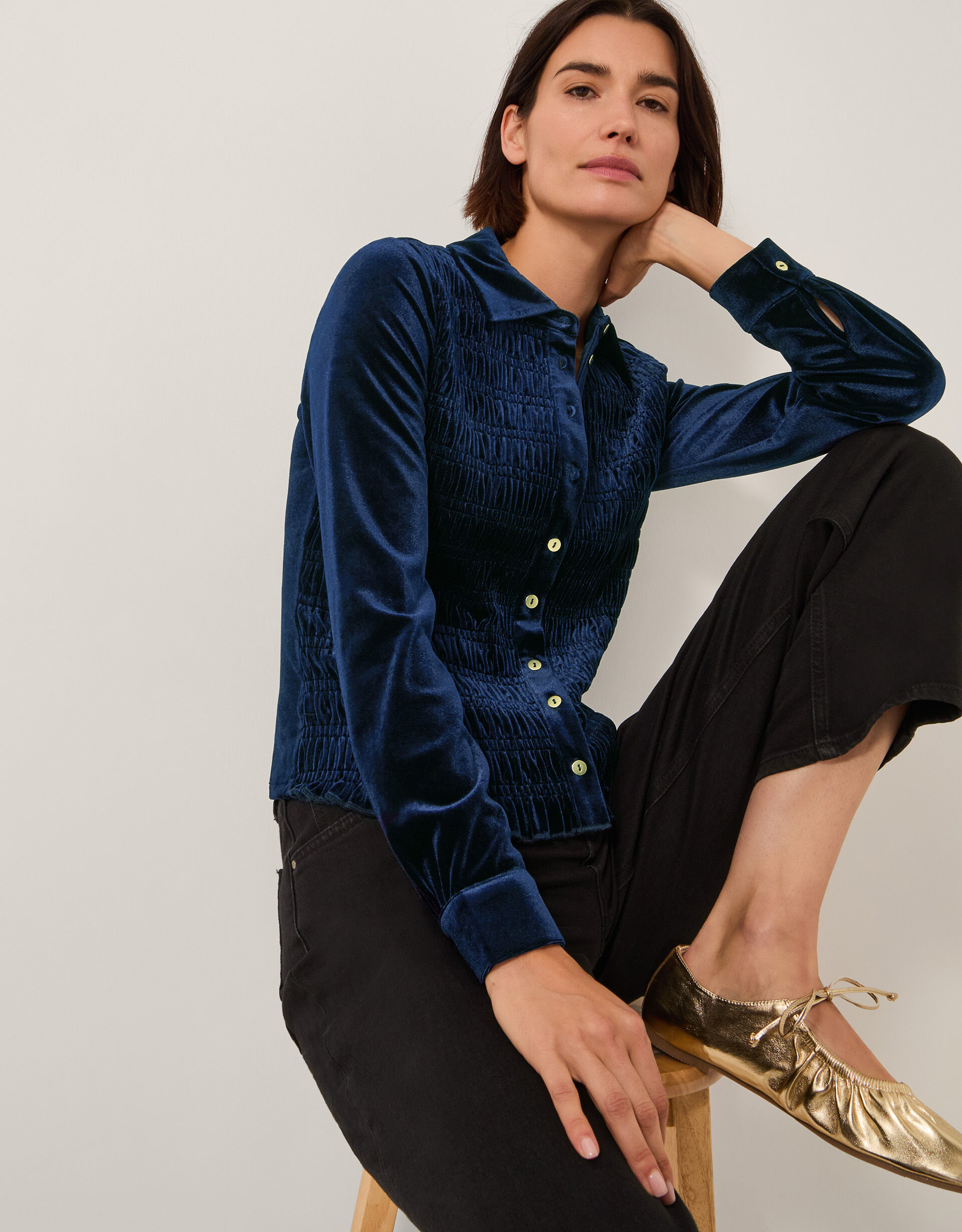 Sam Smocked Velvet Shirt Blue