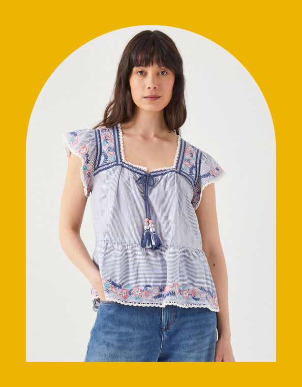 East Teleri Embroidered Stripe Top, Blue (BLUE), large