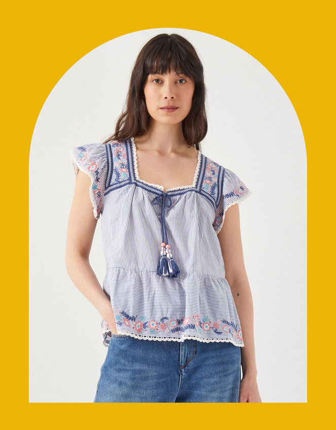 East Teleri Embroidered Stripe Top, Blue (BLUE), large