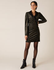 Nieve Leopard Nailhead Blazer Dress, Black (BLACK), large