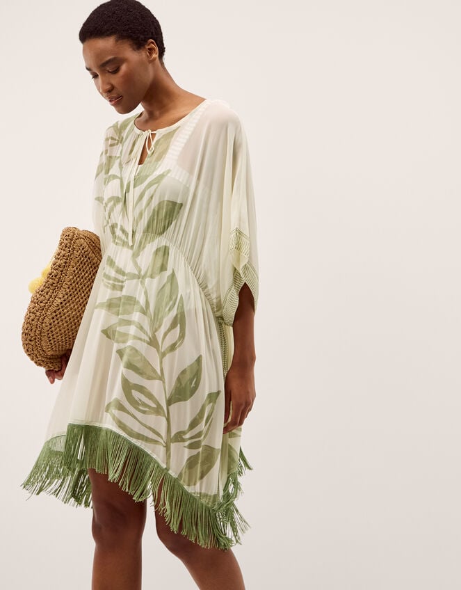 Lillie Leaf Print Fringe Mini Kaftan, , large