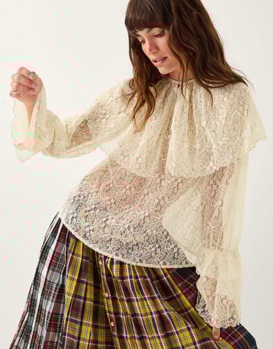 Monsoon x Sarah Corbett-Winder Oversized Collar Lace Blouse, Cream (CREAM), large