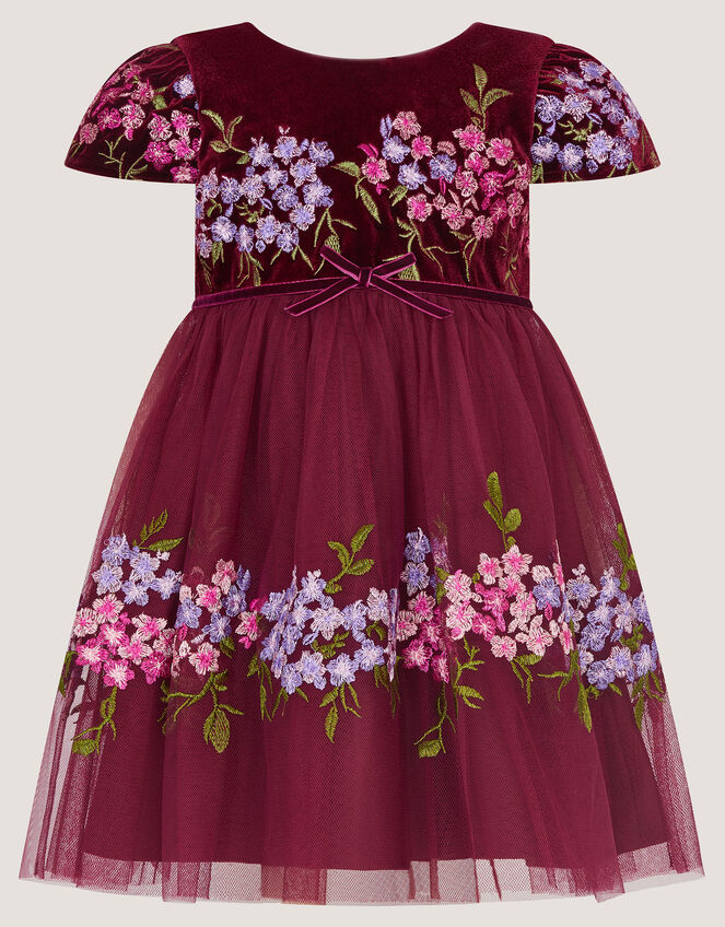Baby Ruby Floral Embroidered Velvet Party Dress, Red (BURGUNDY), large