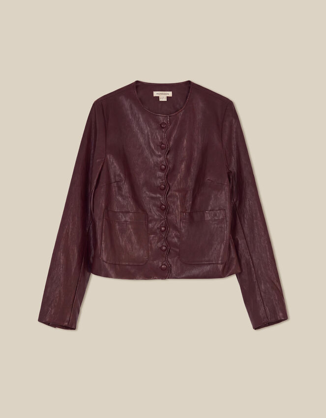 Penelope Scallop Faux Leather Jacket, Brown (CHOCOLATE), large
