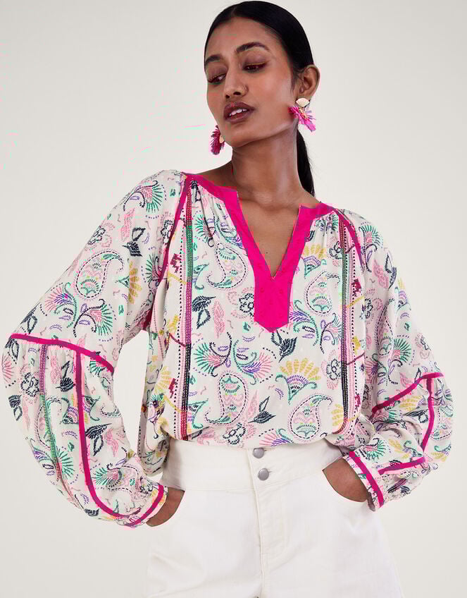 Embroidered Printed Top in LENZING™ ECOVERO™, Ivory (IVORY), large